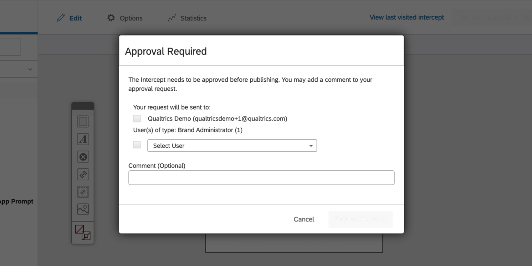 Janela Approval Required (Aprovação necessária); o usuário deve solicitar aprovação para publicar