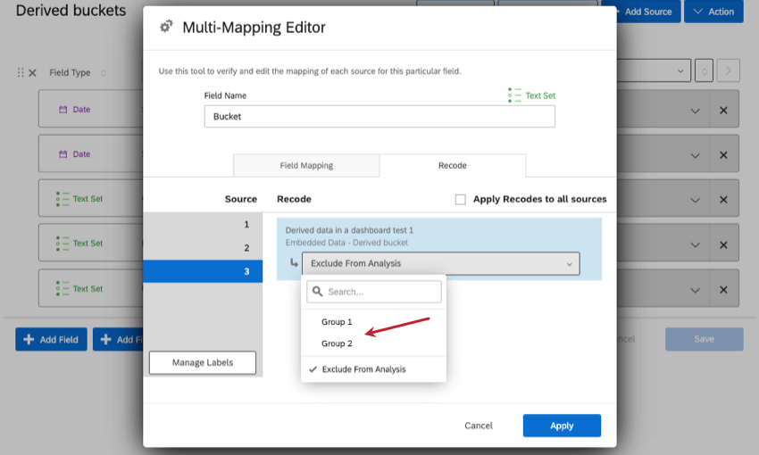Leditor di ricodifica mostra i gruppi di scelta 1 e 2, ma non il 3