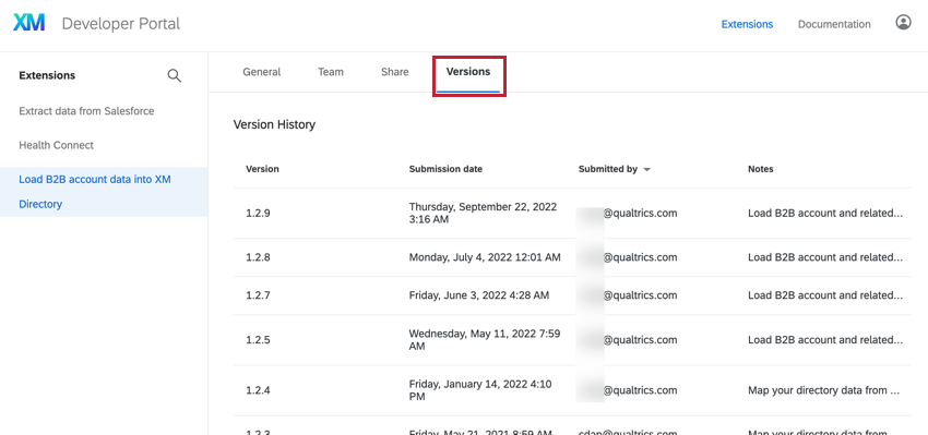 The versions section where you can see more information about the past versions of your app
