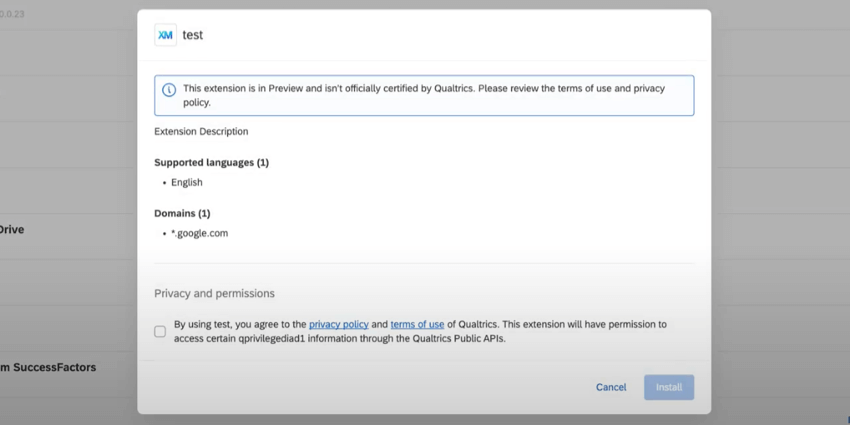 Window with a warning at the top where the user can install the extension