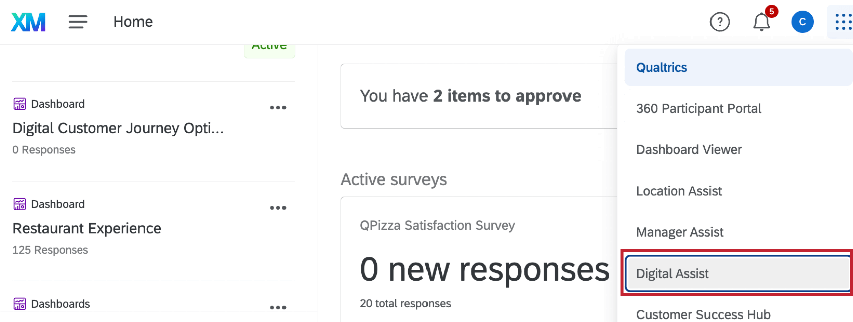 右上のナビゲーションメニューのクリック時に、利用可能なオプションから強調表示されたデジタルアシスト