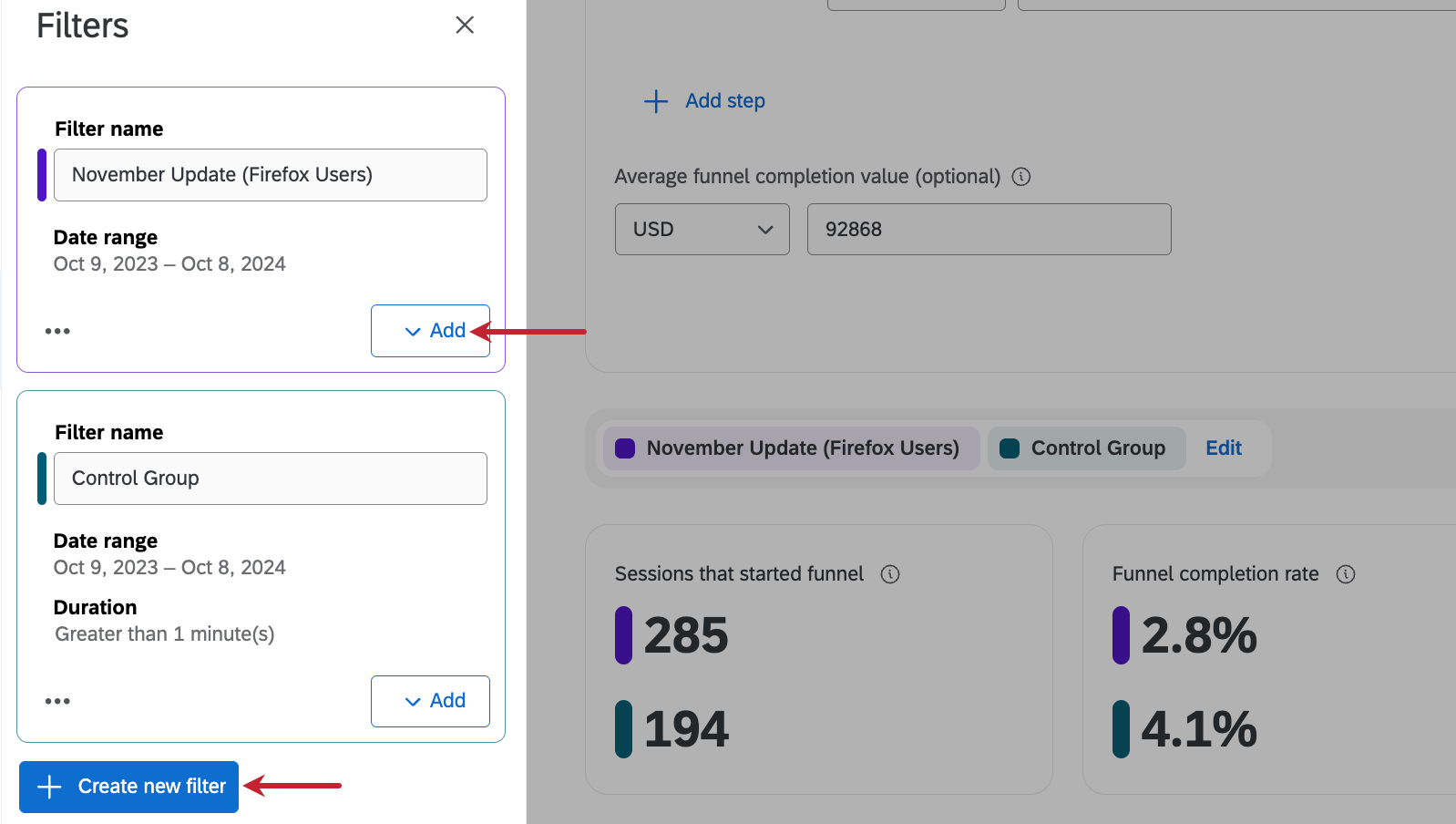 Buttons to add criteria to a filter or create a new filter