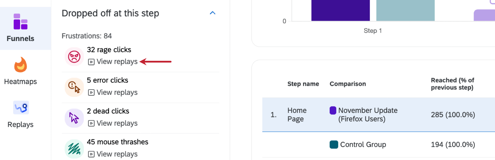 "View replays" button within a funnel
