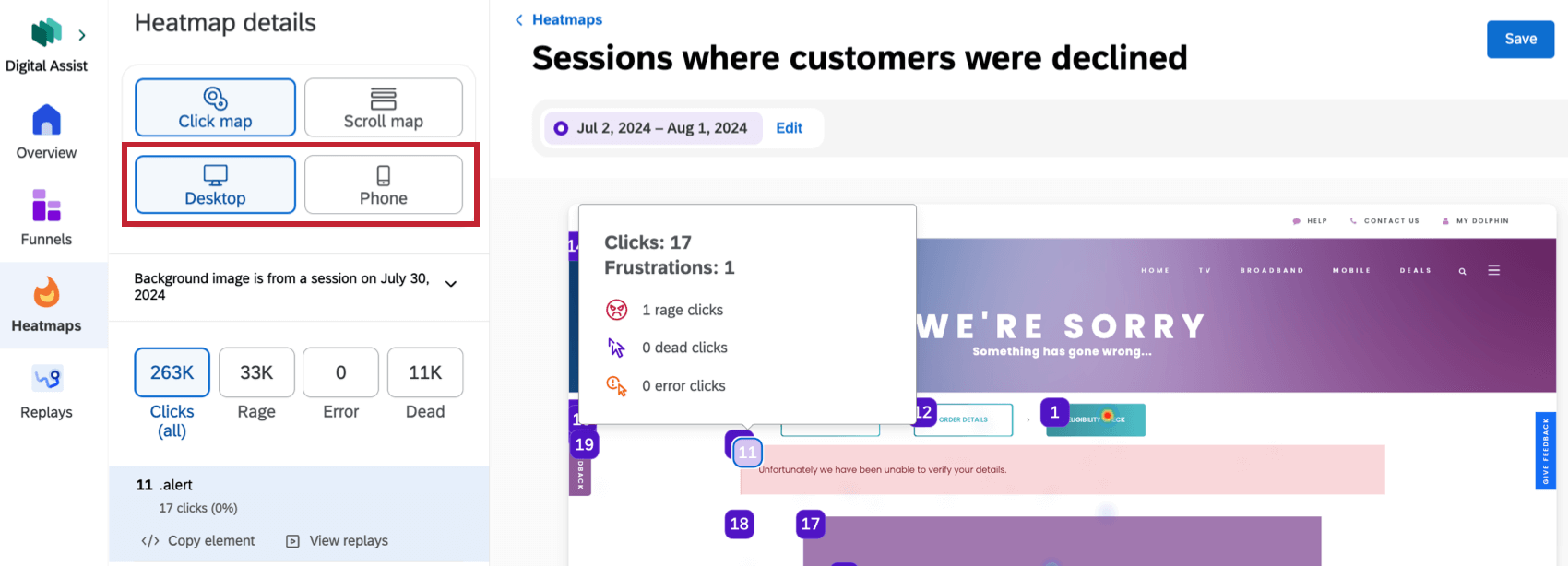 opções principais do dispositivo em um mapa de calor