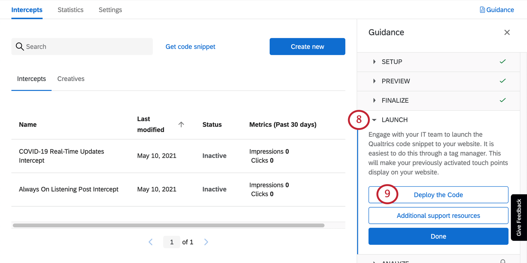 the launch section of the guidance panel. the deploy the code option is selected