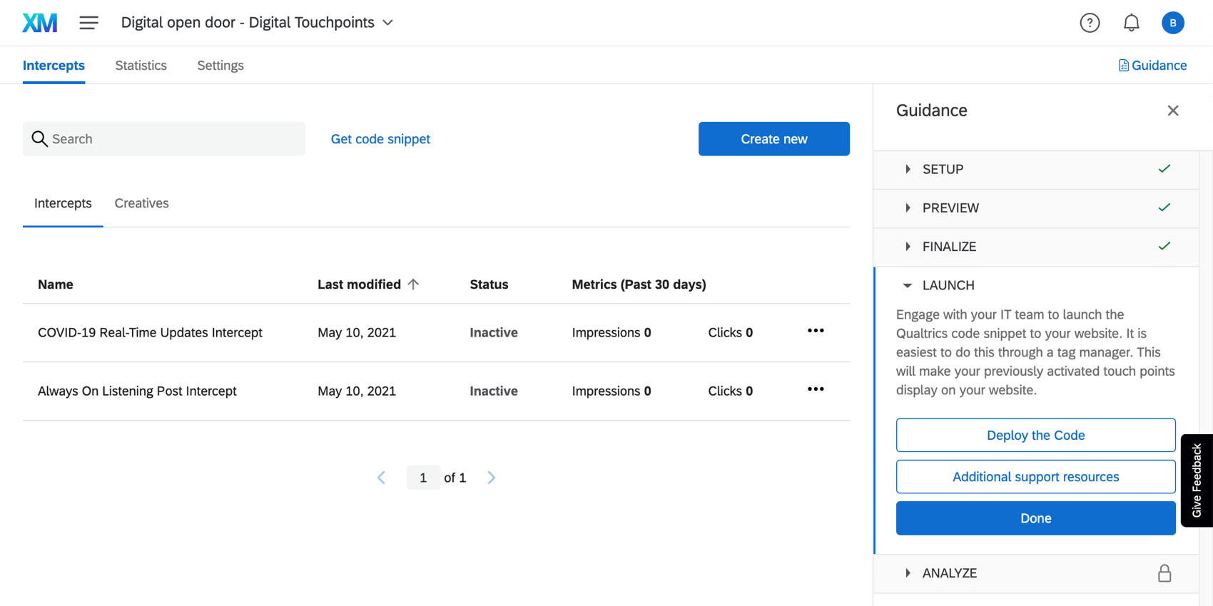 Sección de intercepciones de la pestaña de intercepciones