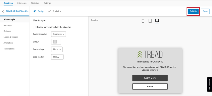 Publish button upper-right of creative