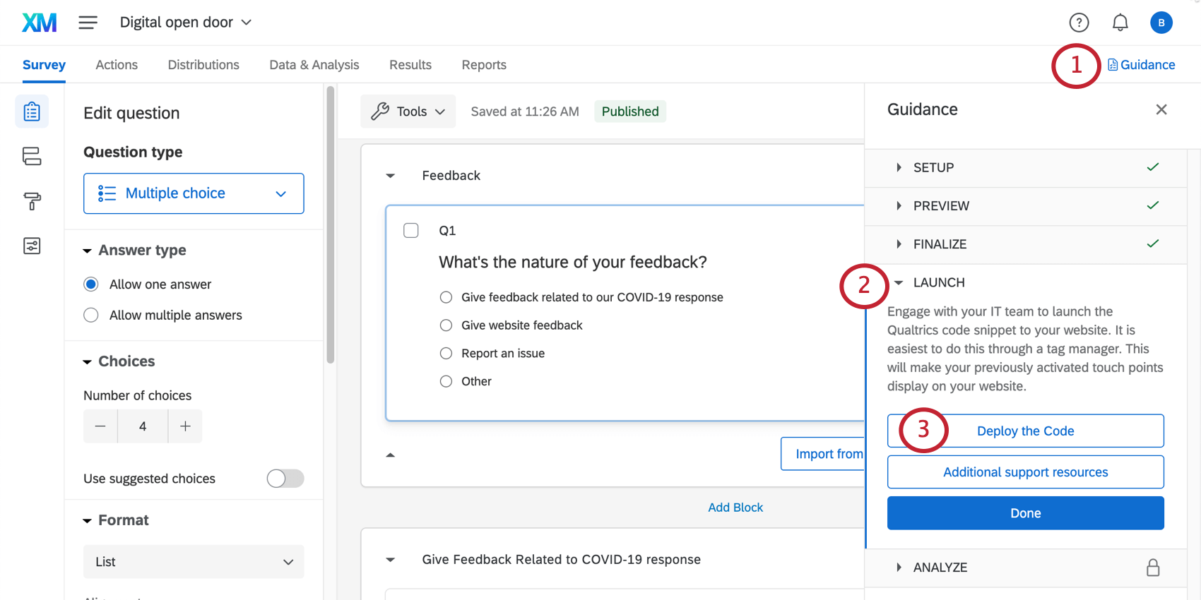 the launch section of the guidance panel. the deploy the code option is selected