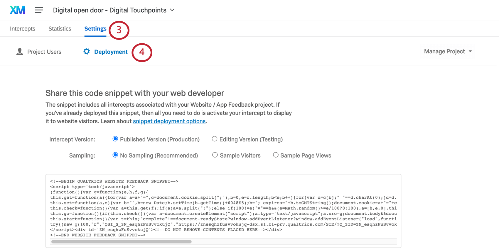 Pestaña de configuración del proyecto de opinión de la aplicación del sitio web