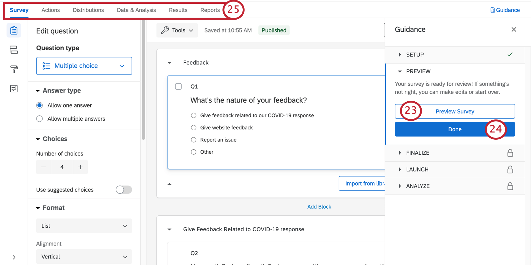 Survey builder open with a guidance sidebar to the right that takes you through key steps