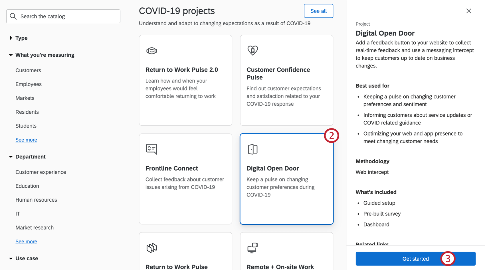 Imagen del catálogo, seleccionando el proyecto descrito, viéndose una barra lateral abierta a la derecha describiéndolo, finalizando con un botón para empezar a crearlo