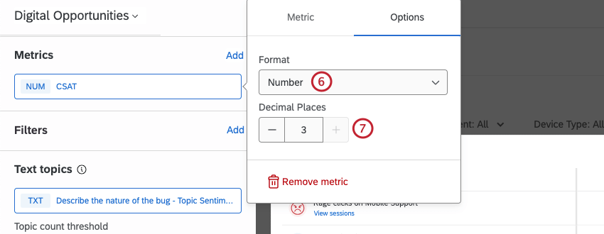 menu per la configurazione di ulteriori opzioni metriche