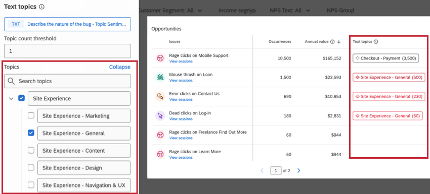 selezionare gli argomenti di testo da visualizzare nel widget