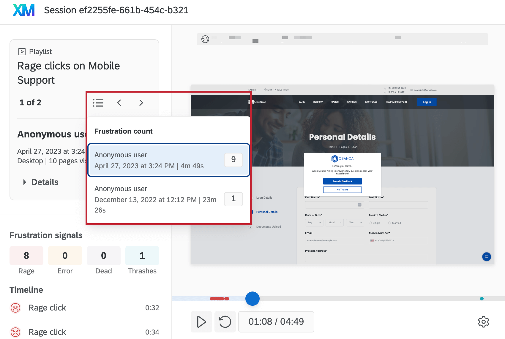 liste de relecture de la session dans le widget