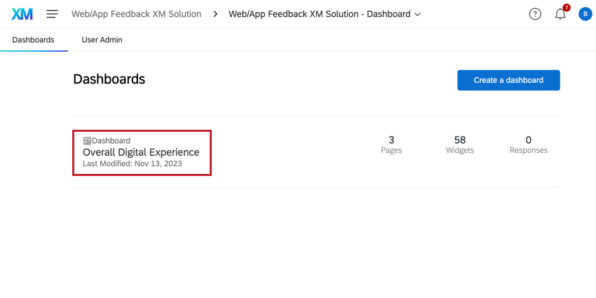 clicking a dashboard in the dashboards tab of the solution