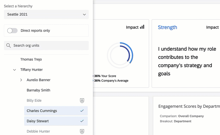 un gif que muestra cómo se deseleccionan las subunidades si se selecciona la unidad principal mientras la opción de informes directos solamente está deshabilitada