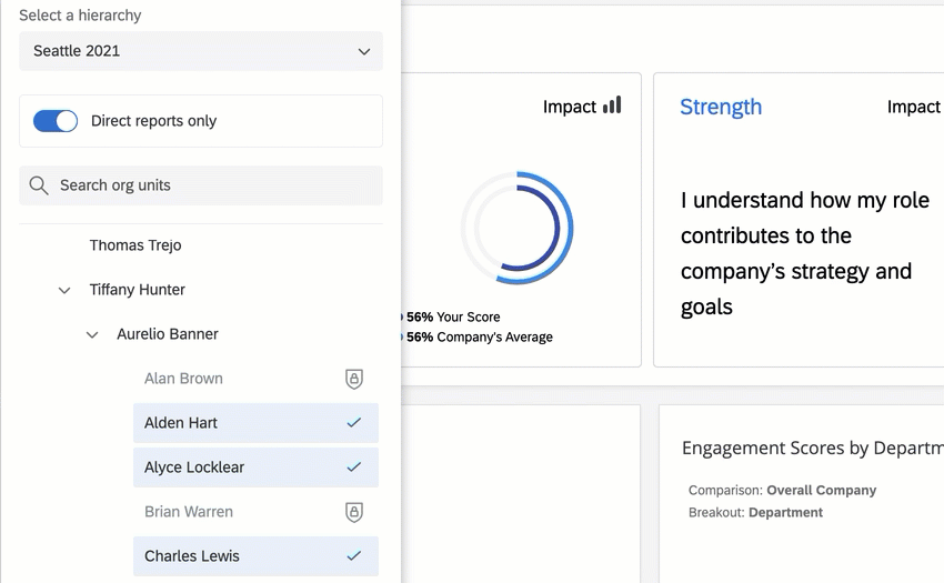 ein gif, das zeigt, wie Untereinheiten ausgewählt bleiben, wenn die Option „Nur direkt unterstellte Mitarbeiter“ aktiviert ist