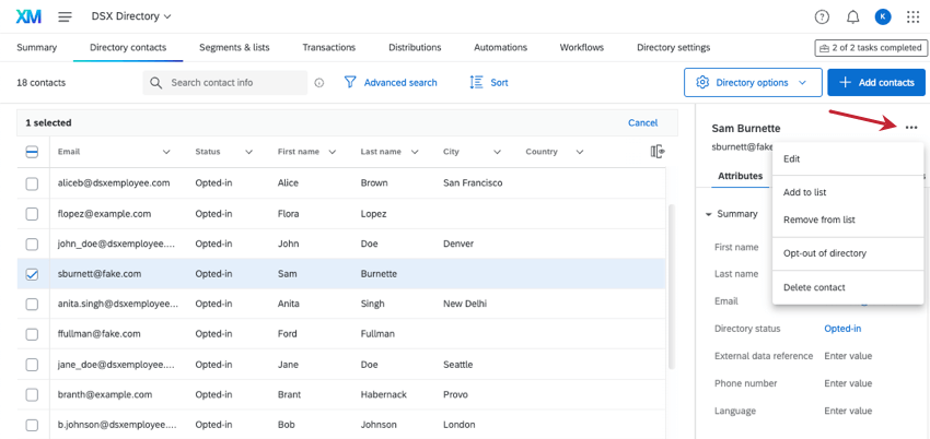 o menu de 3 pontos em um contato selecionado está aberto