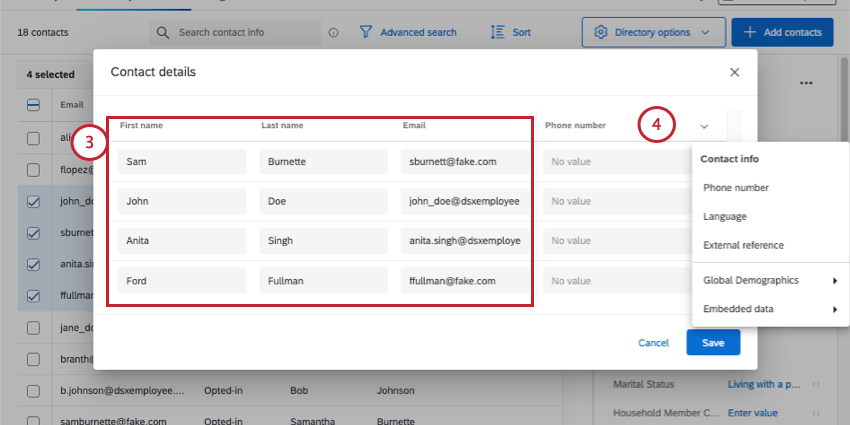new window called contact details. the first 3 columns are basic contact info, with each row a new contact. the last column has a clickable header where you can change the field shown