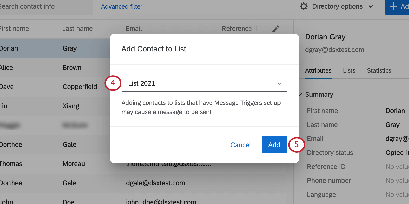 Window with dropdown where you can select a contact list