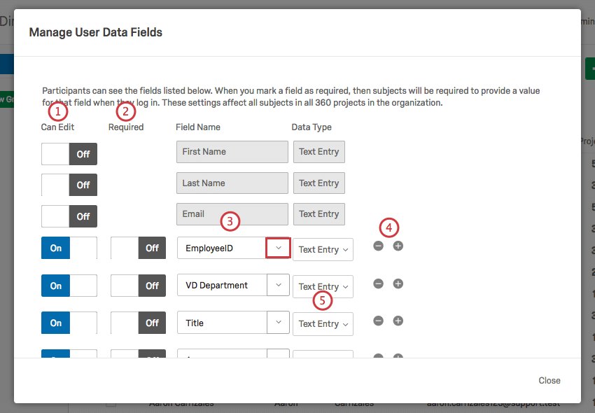Manage User Data Fields（ユーザーデータフィールドの管理）ウィンドウでのユーザーデータフィールドの編集