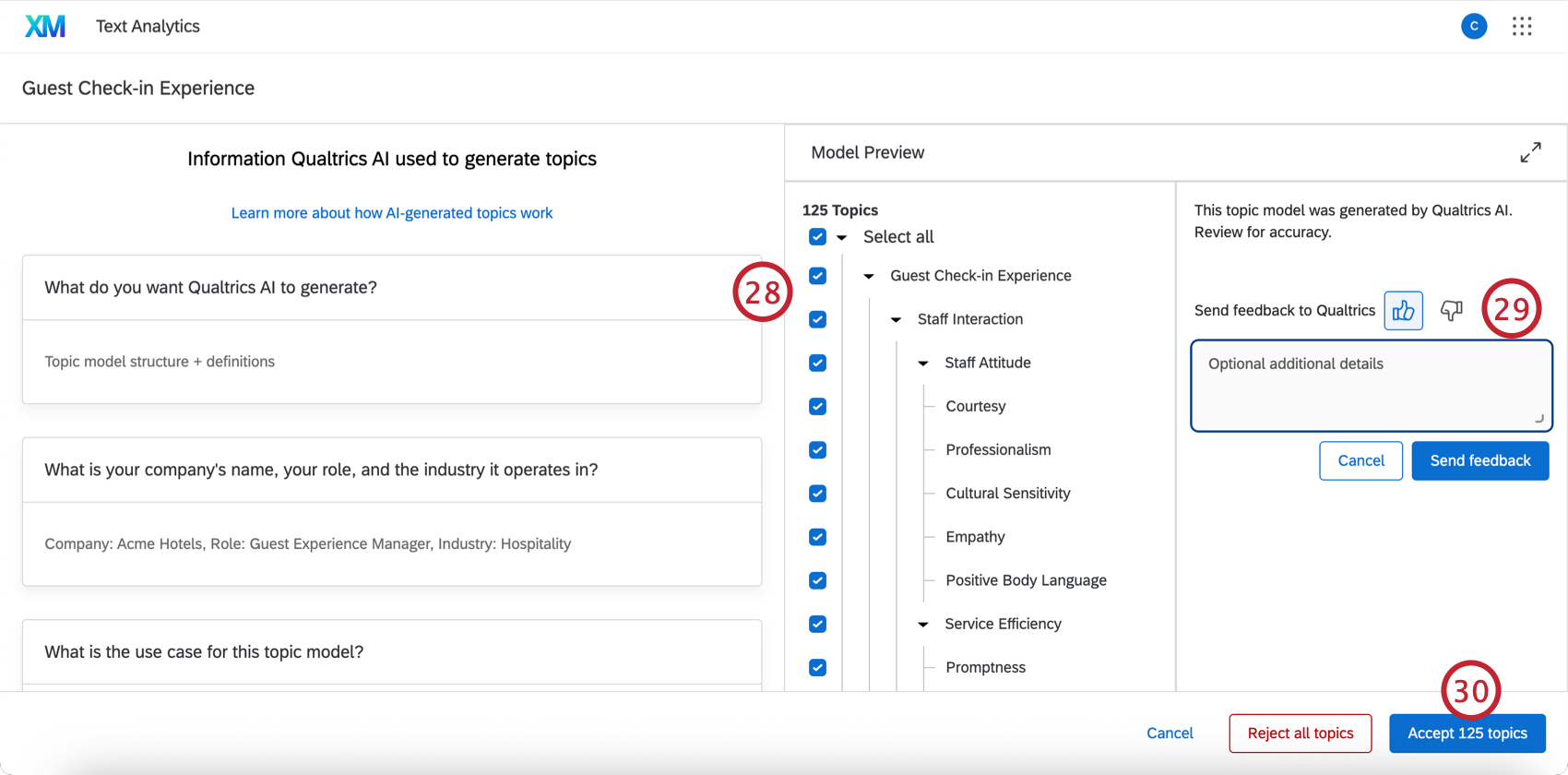 escolher os tópicos a serem incluídos no modelo e fornecer feedback