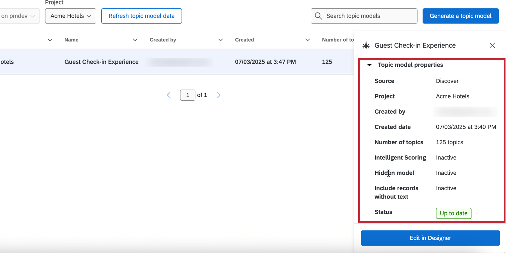 visualizzare le proprietà del modello nella pagina Analisi del testo