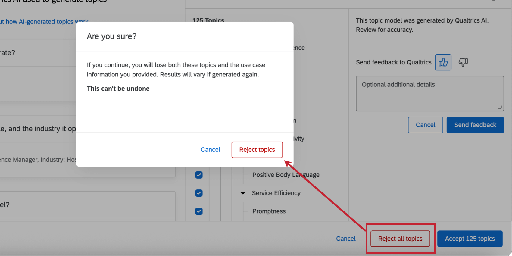 clicking "reject topics" to reject the model instead