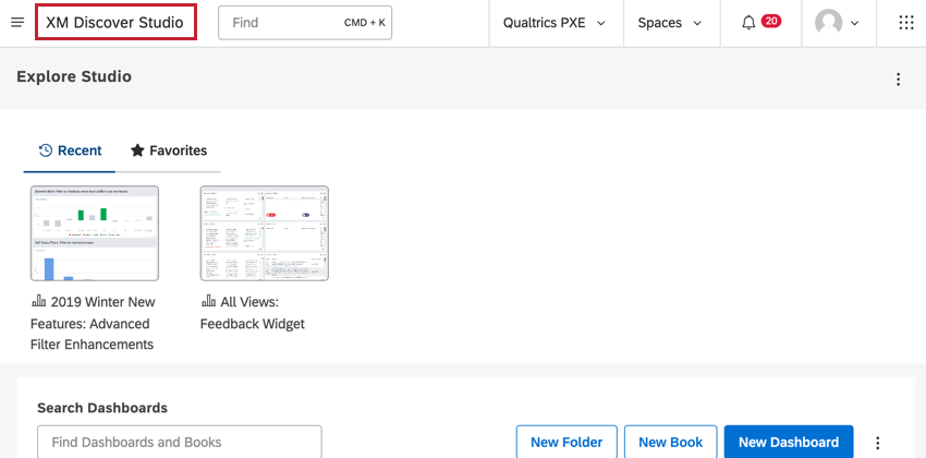 clicking "xm discover studio" in the top left corner
