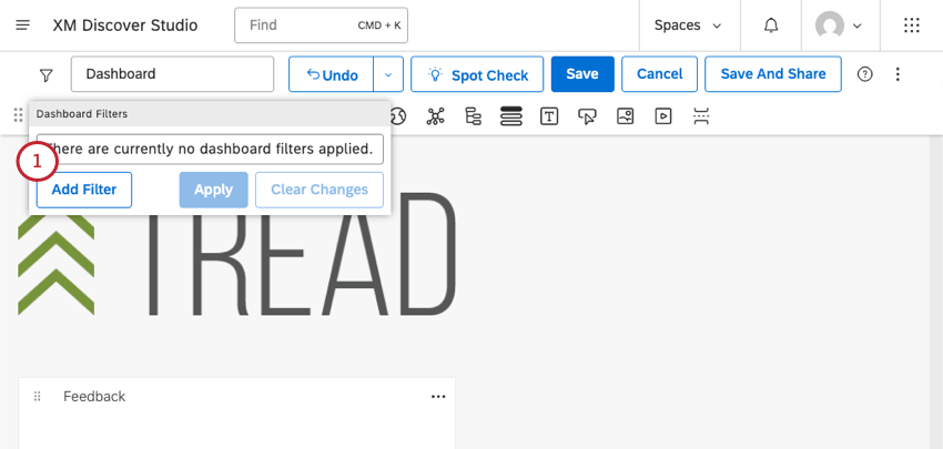 utilizzare i pulsanti lungo la parte superiore di una dashboard dello studio in modalità di modifica per aggiungere un filtro