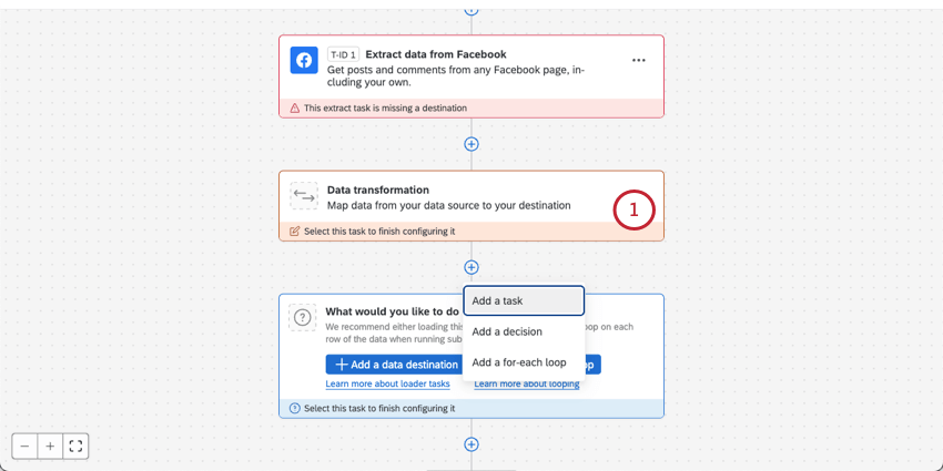 workflow, der aus Facebook extrahiert. Klicken Sie auf die Schaltfläche, um eine Transformation hinzuzufügen