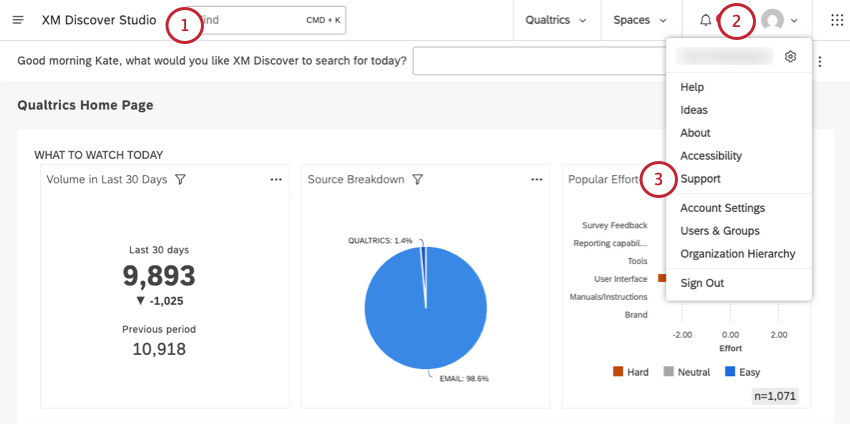 on the studio homepage, opening avatar, selecting support