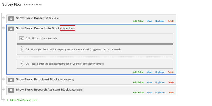 a block is expanded in the survey flow by clicking the number of questions in the block