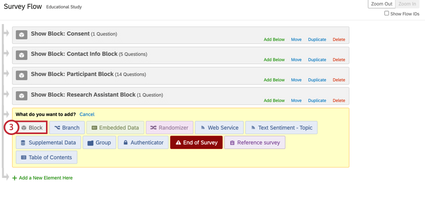 selecting the block element to add to the survey flow