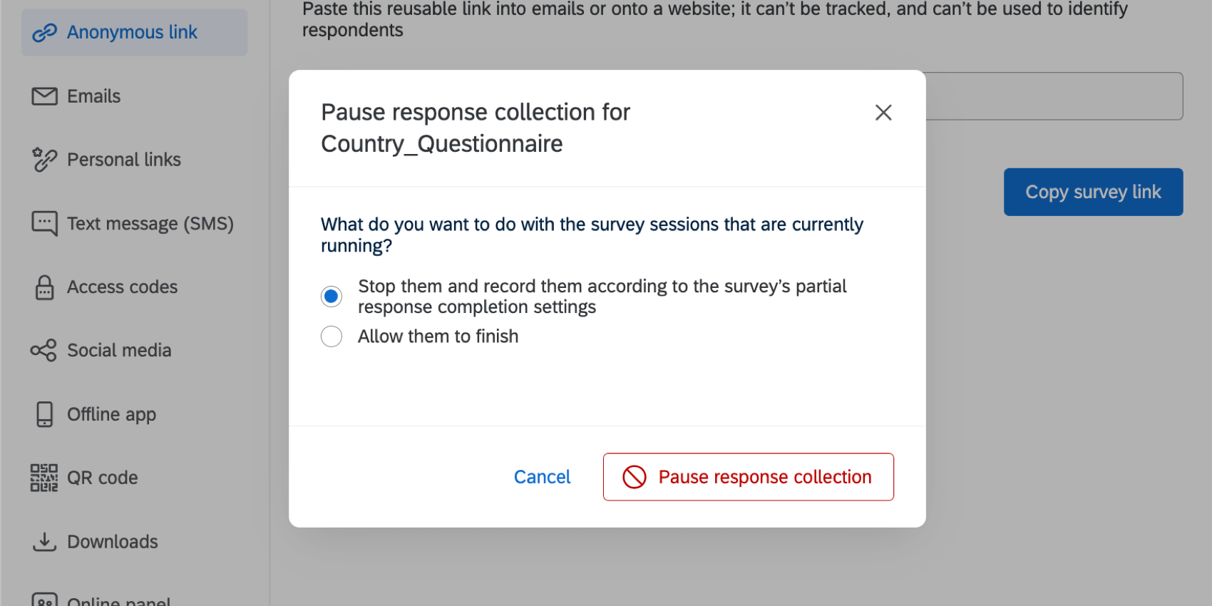 Pause Response Collection menu with radio buttons