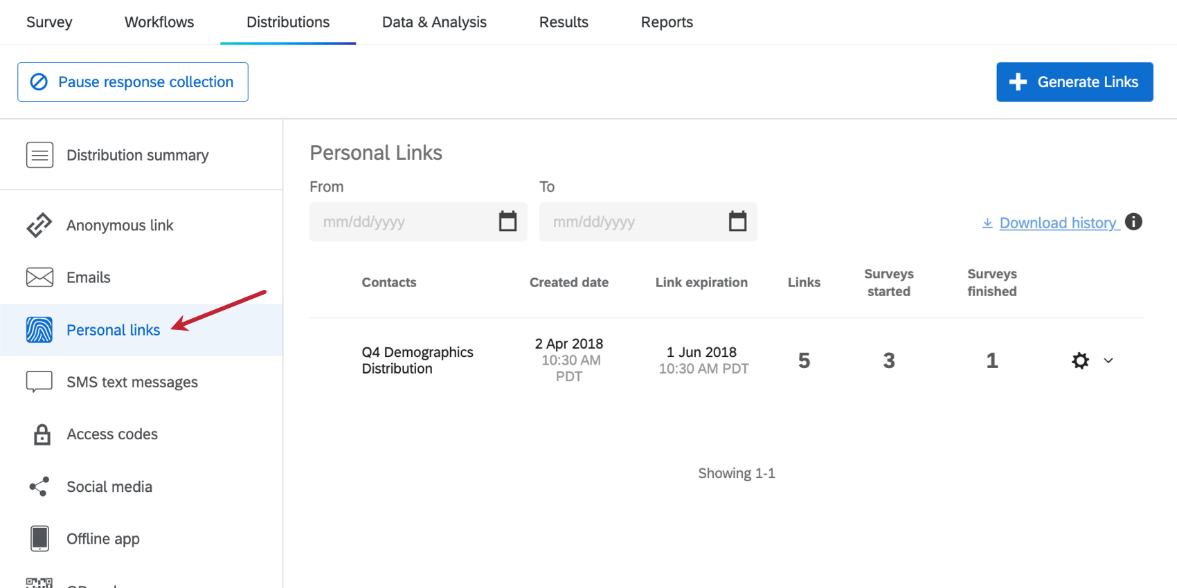 Personal Links page selected from the lefthand pane of of the Distributions tab