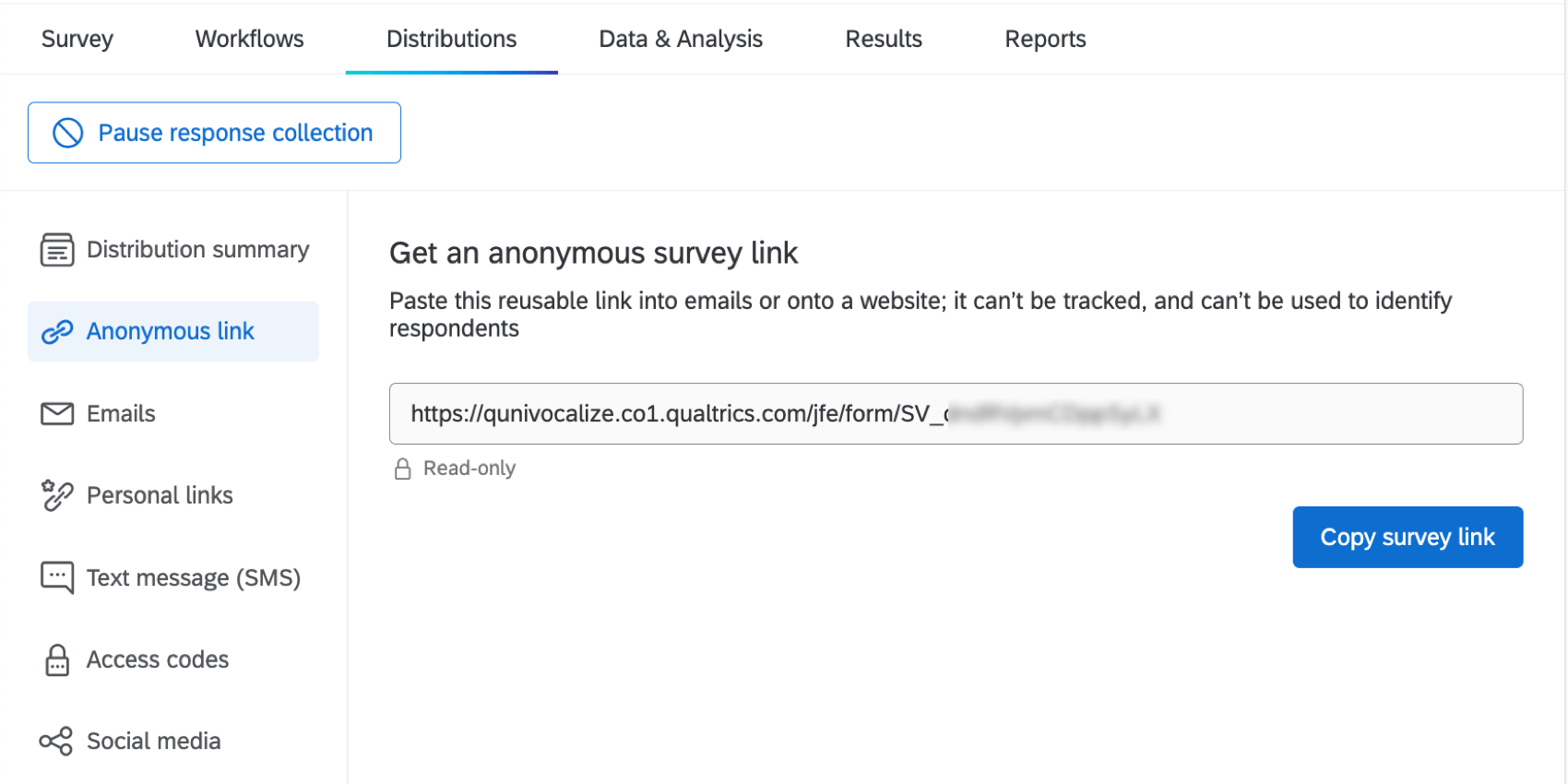 Anonymous Link page selected from the lefthand pane in the Distributions tab