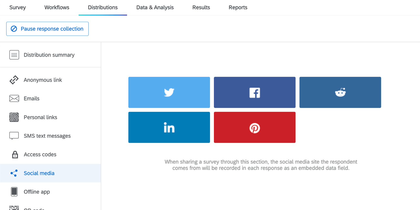 Pagina dei social media selezionata dal riquadro sinistro della scheda Distribuzione