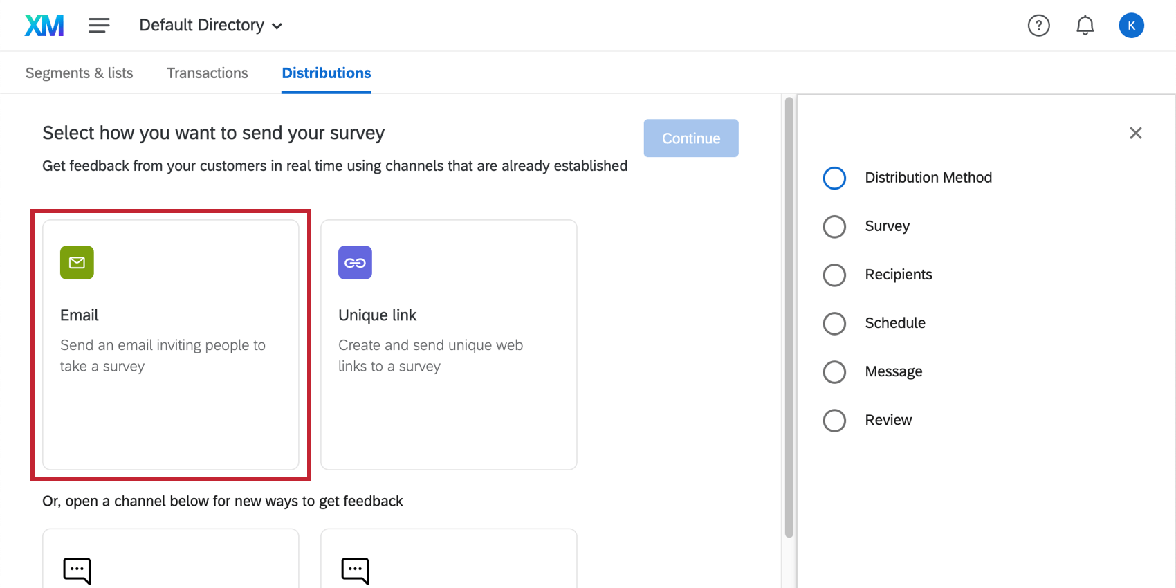 Option Email après avoir cliqué sur le bouton Créer une Distribution