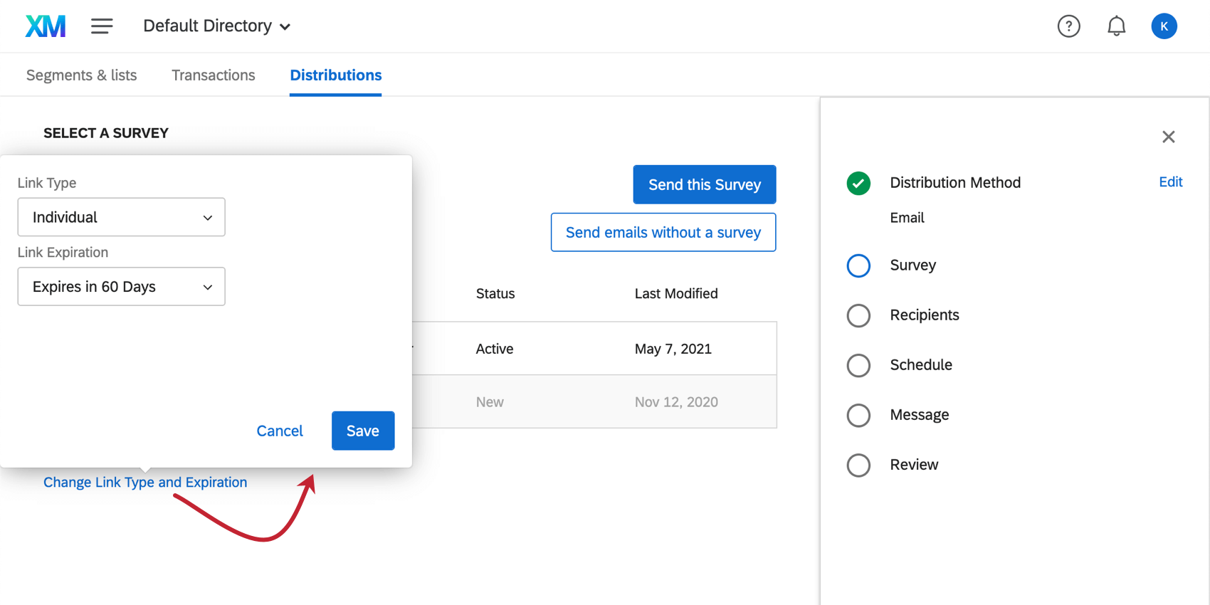 Janela de tipo de link