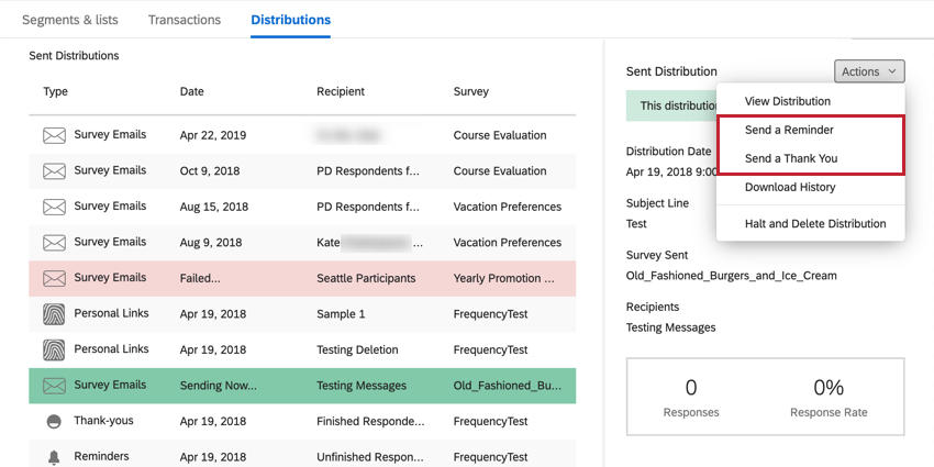 Past distributions with actions expanded to show reminder & thank you options