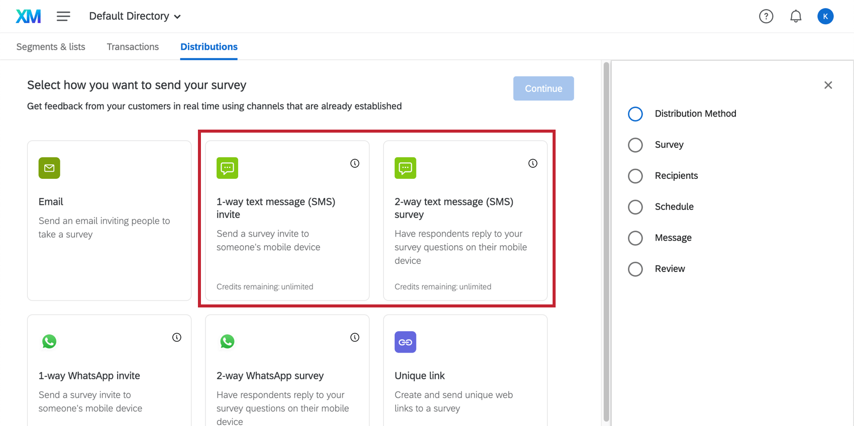 Options SMS dans le menu Distribution