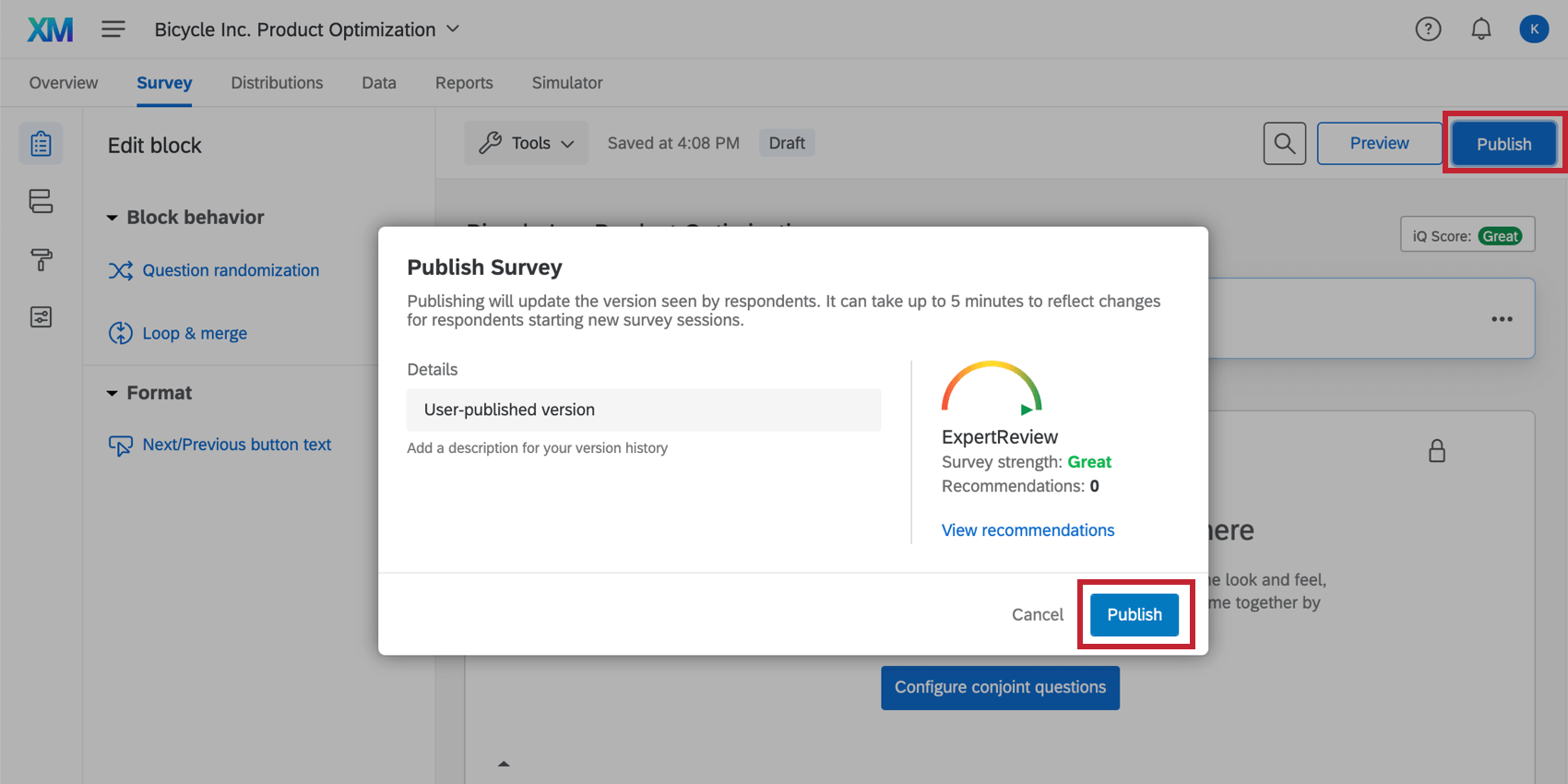La fenêtre Publier est ouverte. En arrière-plan, loption "Analyser et publier" est surlignée