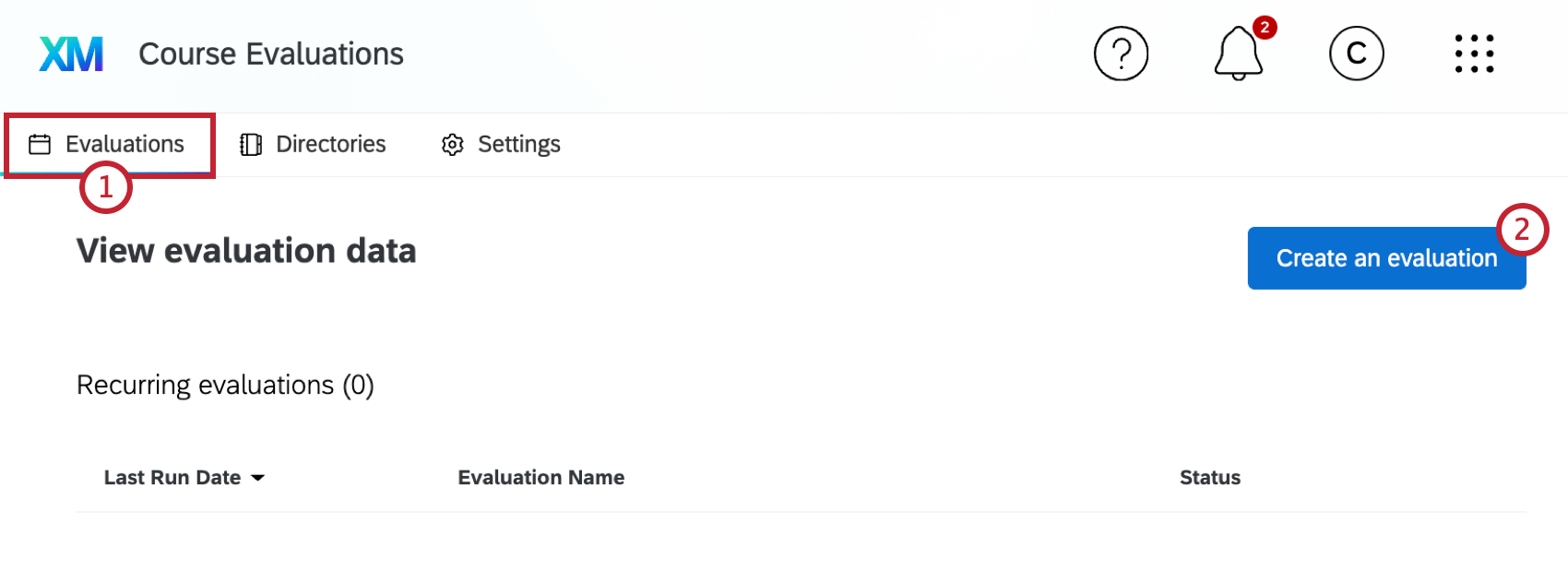 button to create an evaluation within the evaluation tab