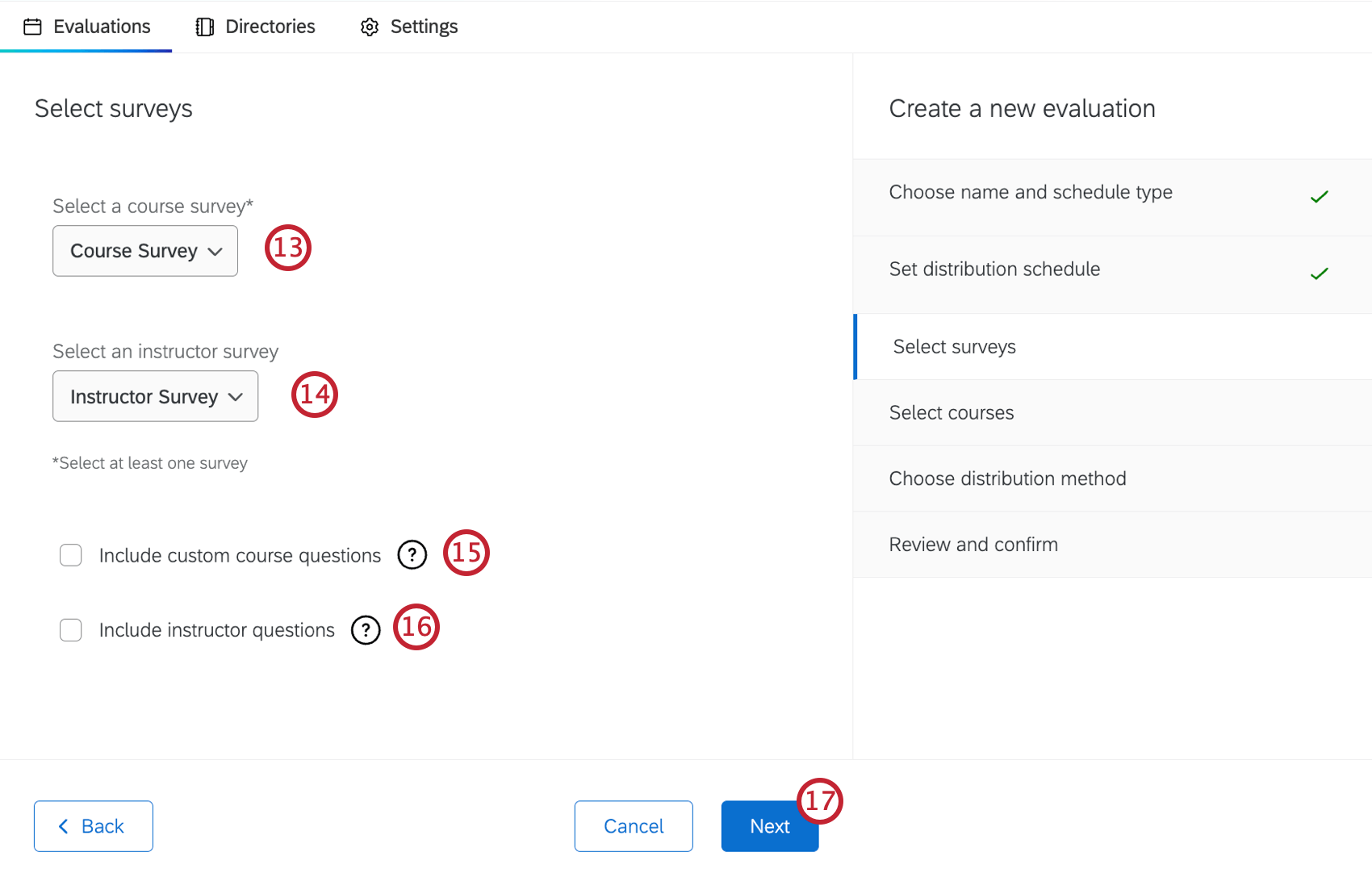 buttons to select surveys to include in the evaluation