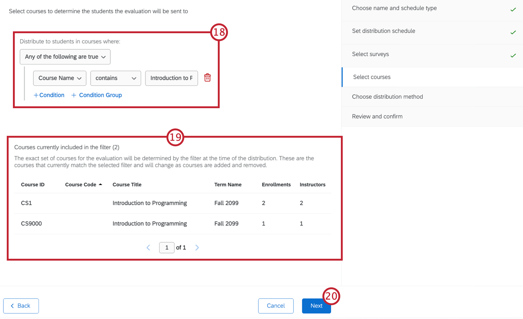 filter at the top of the screen to narrow down courses, and a table at the bottom to view which courses will be included in the evaluation