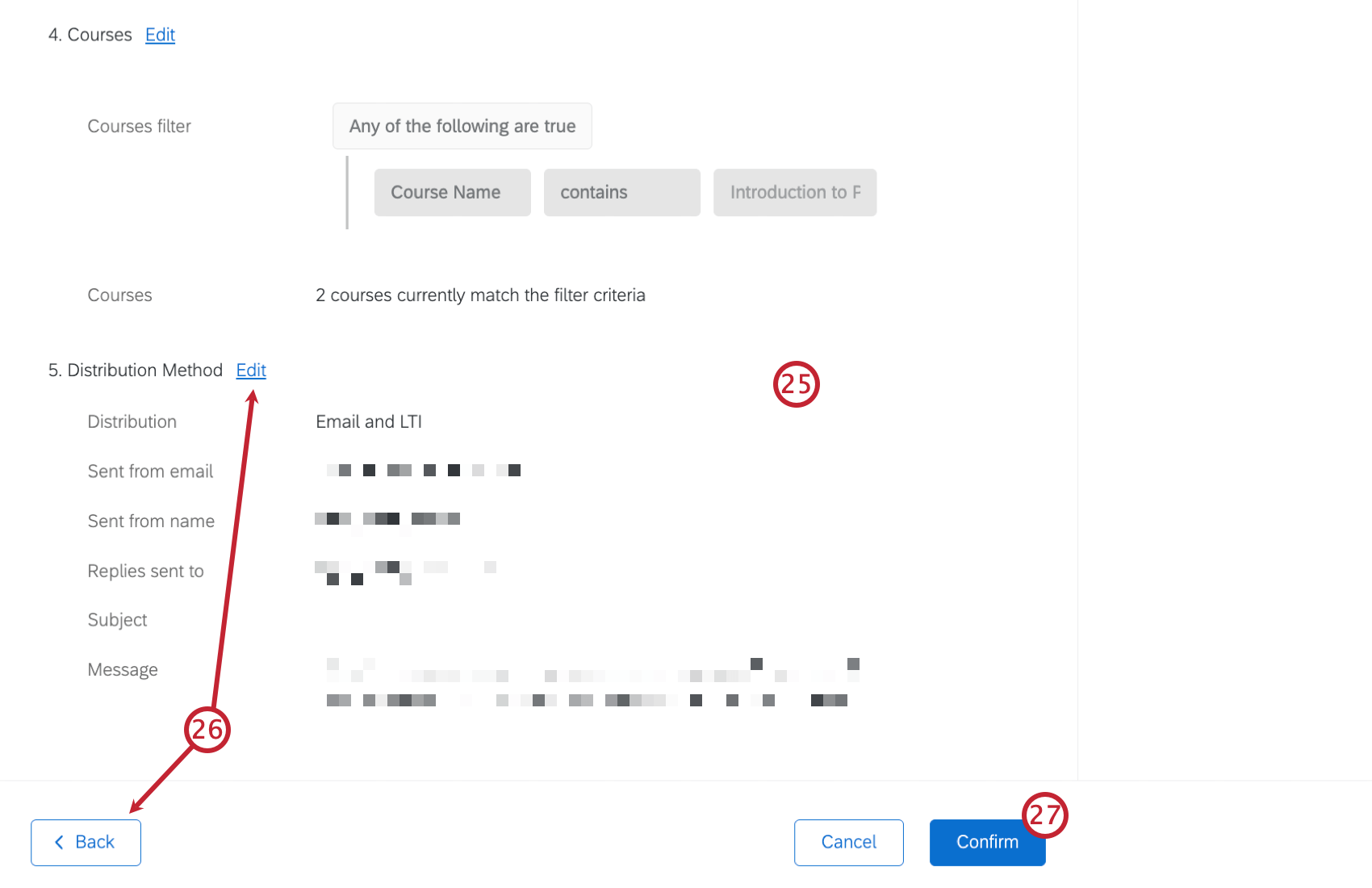 evaluation configuration settings displayed for review, with an arrow pointing to the edit button