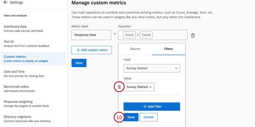 choosing only survey started for the filter