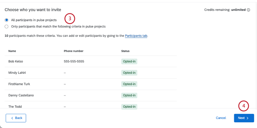 choosing between all or a filtered subset of participants