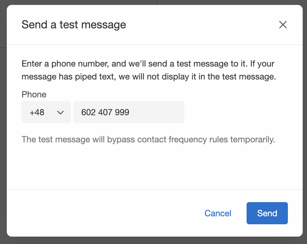 nouvelle fenêtre dans laquelle vous pouvez saisir votre numéro de téléphone pour obtenir un texte de test